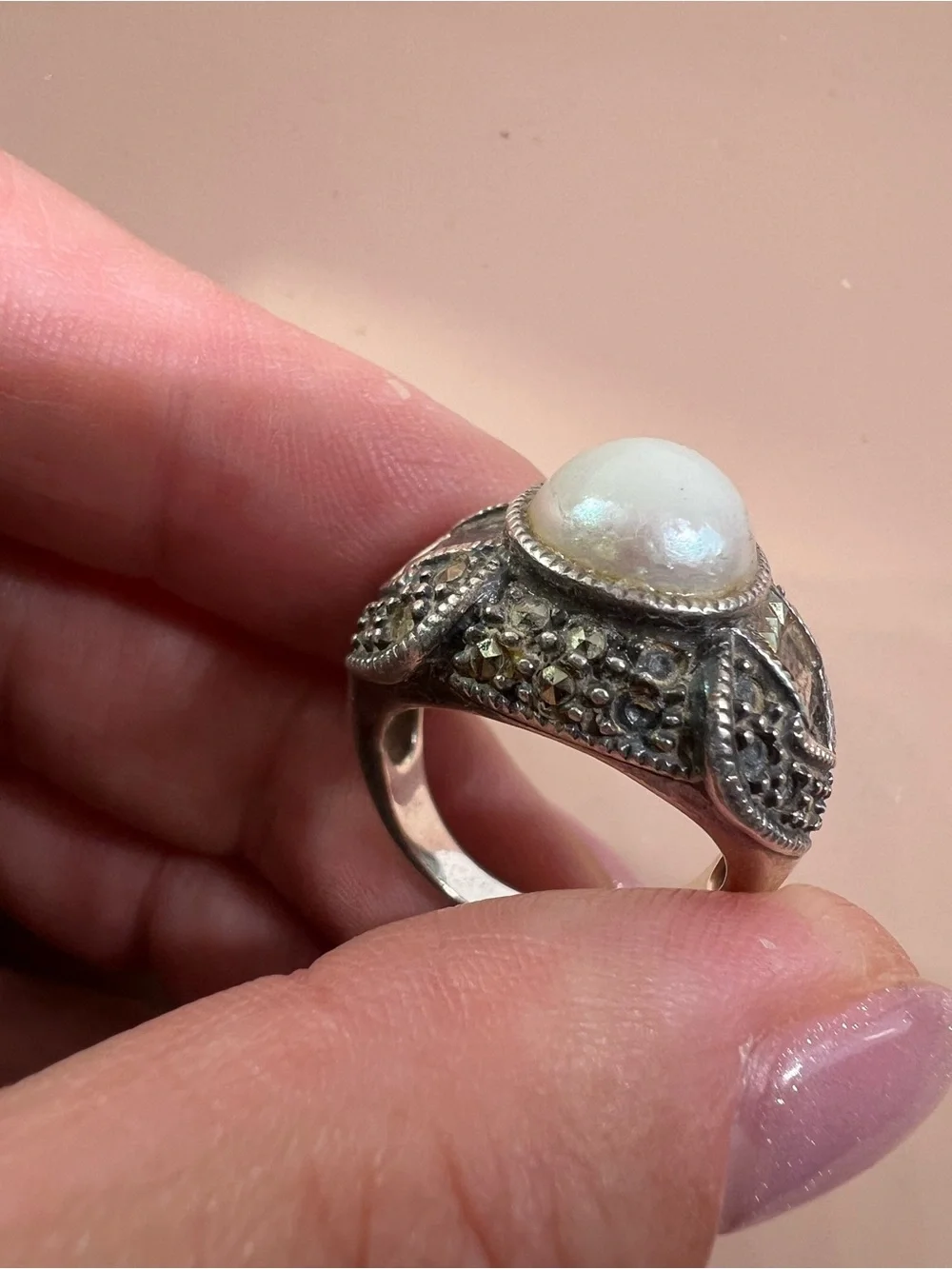 Vintage Judith Jack Sterling Silver White Cabochon Marcasite Ring